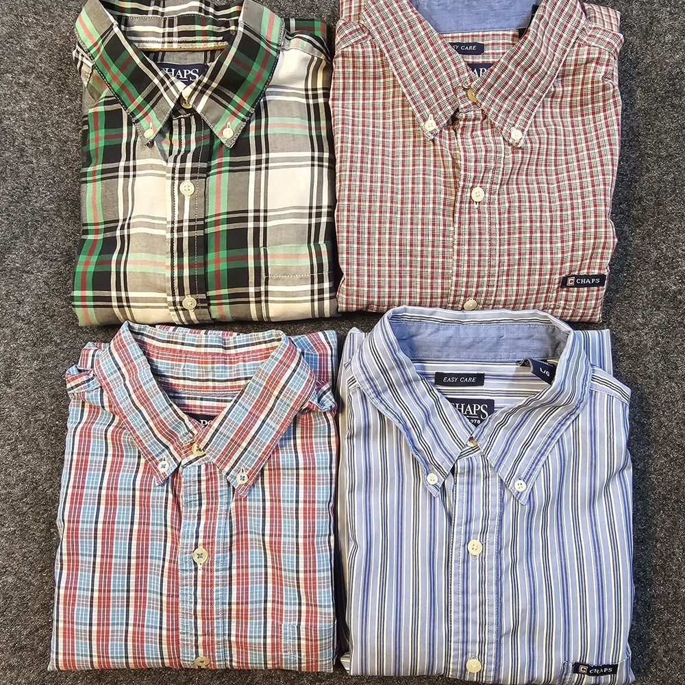 Lot 4 CHAPS Mens Large Button Down Shirts Plaid Striped Easy Care Cotton Blend